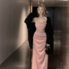 V-Neck Pearl Design Halter Sleeveless Satin Tight Stretch Elegant Evening Party Dresses Long Dresses - Image 4