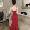 High slit V-neck satin stretchy drawstring waist thin halter sleeveless dress long dress - Image 3