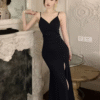High slit V-neck satin stretchy drawstring waist thin halter sleeveless dress long dress - Image 4