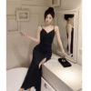 High slit V-neck satin stretchy drawstring waist thin halter sleeveless dress long dress - Image 5