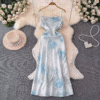 Double Slit Halter Dress Smooth Silk Tight Elegant Dress Floral Long Dress - Image 4