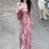 Butterfly Floral Print Sleeveless Halter Elegant Skinny Stretch Dresses - Image 4