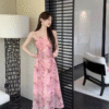 Butterfly Floral Print Sleeveless Halter Elegant Skinny Stretch Dresses - Image 5