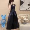 Leather V-neck Sleeveless Glossy Matte Elegant Noble Dress A-line Dress - Image 2