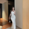 Slimming Floral  pearl fine flash dress stretchy sleeveless halter long dress elegant style - Image 3