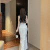 Slimming Floral  pearl fine flash dress stretchy sleeveless halter long dress elegant style - Image 4
