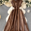 Leather V-neck Sleeveless Glossy Matte Elegant Noble Dress A-line Dress - Image 3