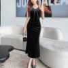 Bow Chest Design Sleeveless Halter Tight Stretch Cotton Long Dresses - Image 2