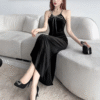 Bow Chest Design Sleeveless Halter Tight Stretch Cotton Long Dresses - Image 3