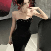 Sleeveless Pearl Model Elegant Wrap Hip Tight Stretch Long Dress Elegant Style - Image 2