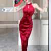 Cheongsam Elegant Style Pearl Chain Floral Satin Tight Stretchy Long Dresses - Image 3
