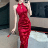 Cheongsam Elegant Style Pearl Chain Floral Satin Tight Stretchy Long Dresses - Image 4