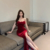 Sleeveless fleece satin drawstring waist wrap hip slit tight stretchy elegant long dresses - Image 2
