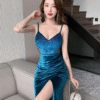 Halter Sleeveless V-Neck Fine Flash Hip Tight Slit Long Dress Elegant Style - Image 2