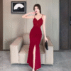 Halter Sleeveless V-Neck Fine Flash Hip Tight Slit Long Dress Elegant Style - Image 3