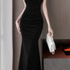 Halter Sleeveless Inner Bra Links Elegant Dress Beaded Glitter Evening Party Cluster - Image 3