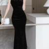 Halter Sleeveless Inner Bra Links Elegant Dress Beaded Glitter Evening Party Cluster - Image 4