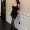 Ribbon Sleeve Halter Wrap Hip Hollow Out Dress Slim Elegant Evening Party Dresses - Image 2