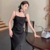 Suspenders sleeveless floral ladies dress silk satin elegant style dress - Image 5