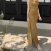 Sleek Satin Elegant Floral Sleeveless Halter Dress - Image 3