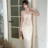 V-neck halter skinny floral waistband design satin smooth dresses - Image 2