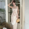 V-neck halter skinny floral waistband design satin smooth dresses - Image 3