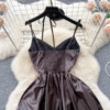 Elegant Women's Dresses Pleated Style Smooth Satin Sleeveless Halter Long Dresses - Image 2