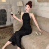 Chain Design Cuffs Neckline Silk Tight Stretch Long Elegant Dresses - Image 2
