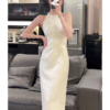 Chain Design Cuffs Neckline Silk Tight Stretch Long Elegant Dresses - Image 3