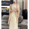 Chain Design Cuffs Neckline Silk Tight Stretch Long Elegant Dresses - Image 4